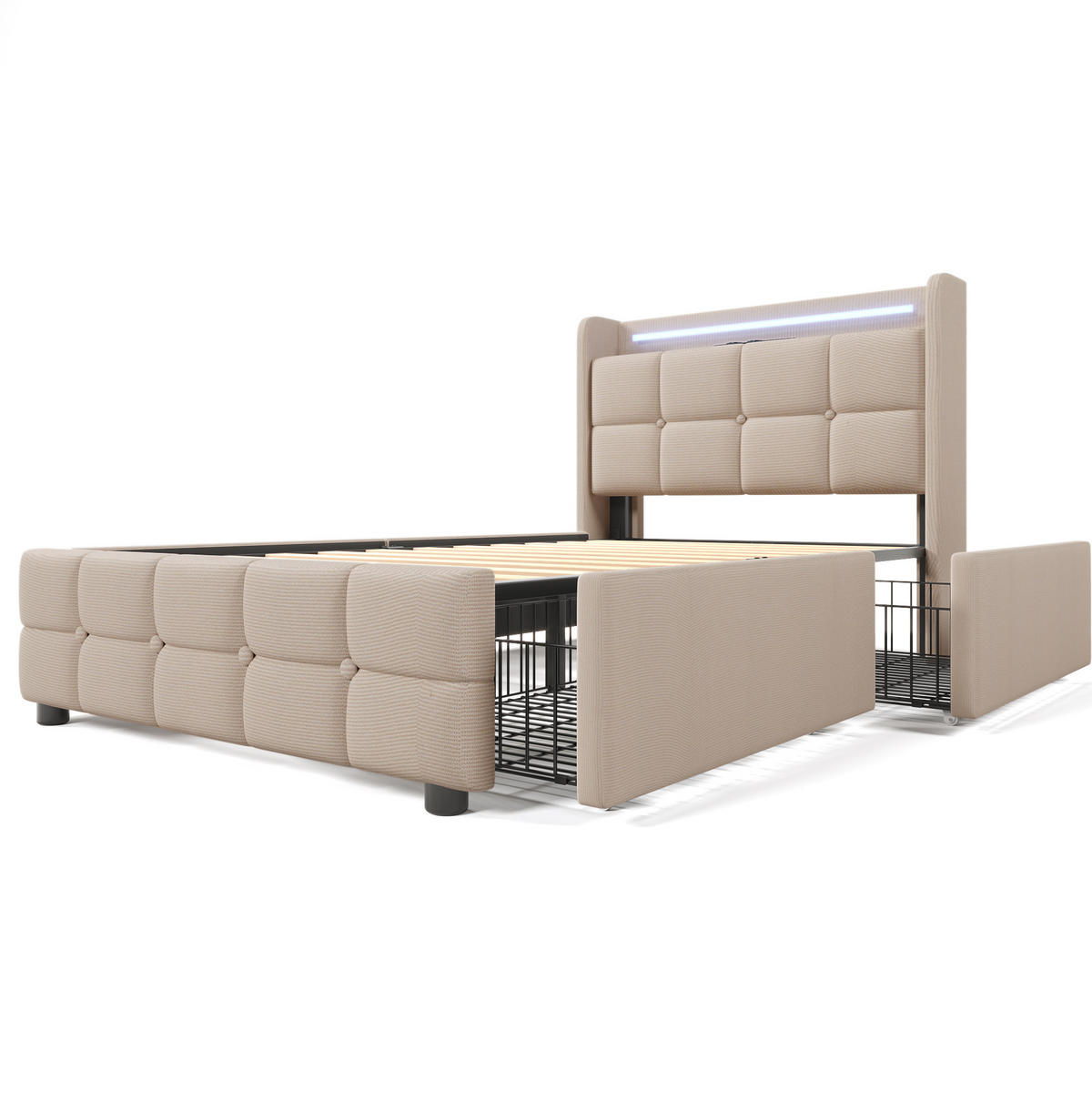 POLSTERBETT 90/200 cm mit LED-Beleuchtung, USB und 2 Schubladen in Beige - Beige, Holz (90/200cm) - BEAOK