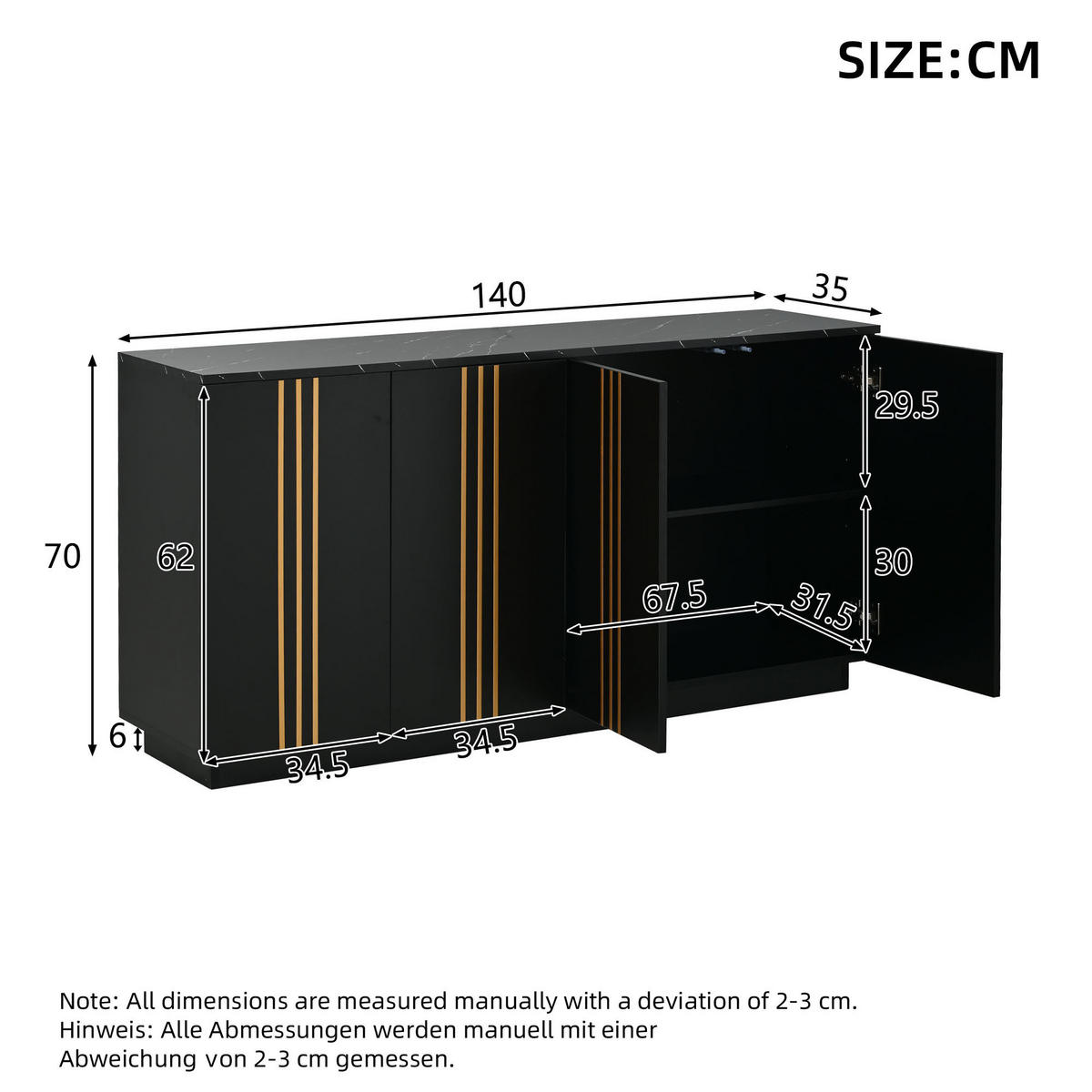 SIDEBOARD Schwarz Gold 4 Türen 140cm verstellbar Modern Schrank - Schwarz, Holzwerkstoff (35/70/140cm) - FLIEKS