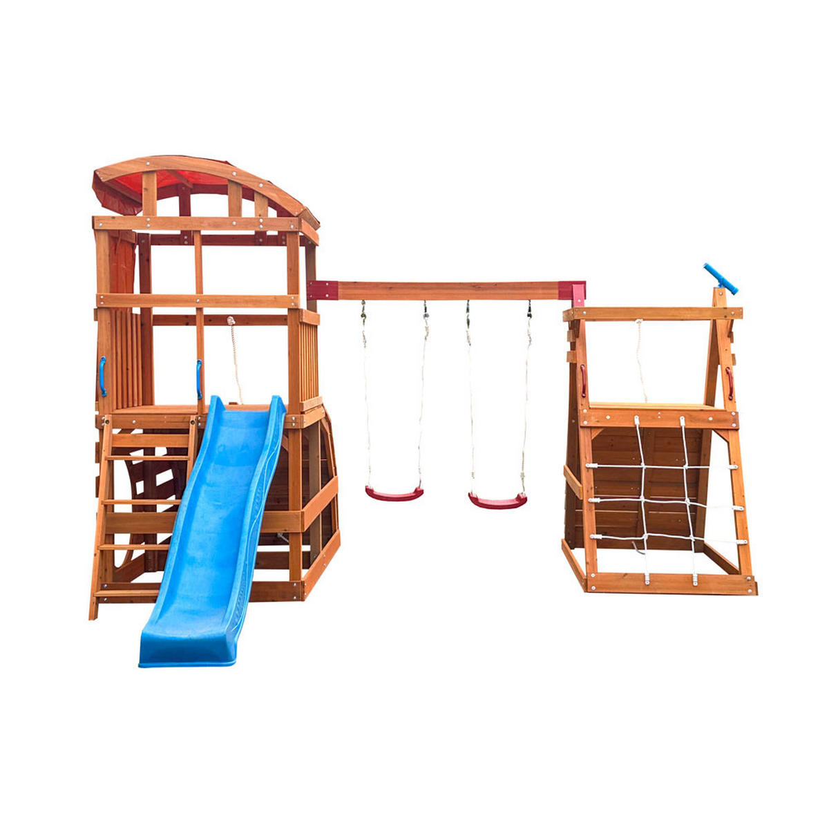 SPIELTURM MIT DOPPELSCHAUKEL NIA - Größe: 420 x 280 cm - Nussbaumfarben, Holz (421/280/449cm) - Home Deluxe