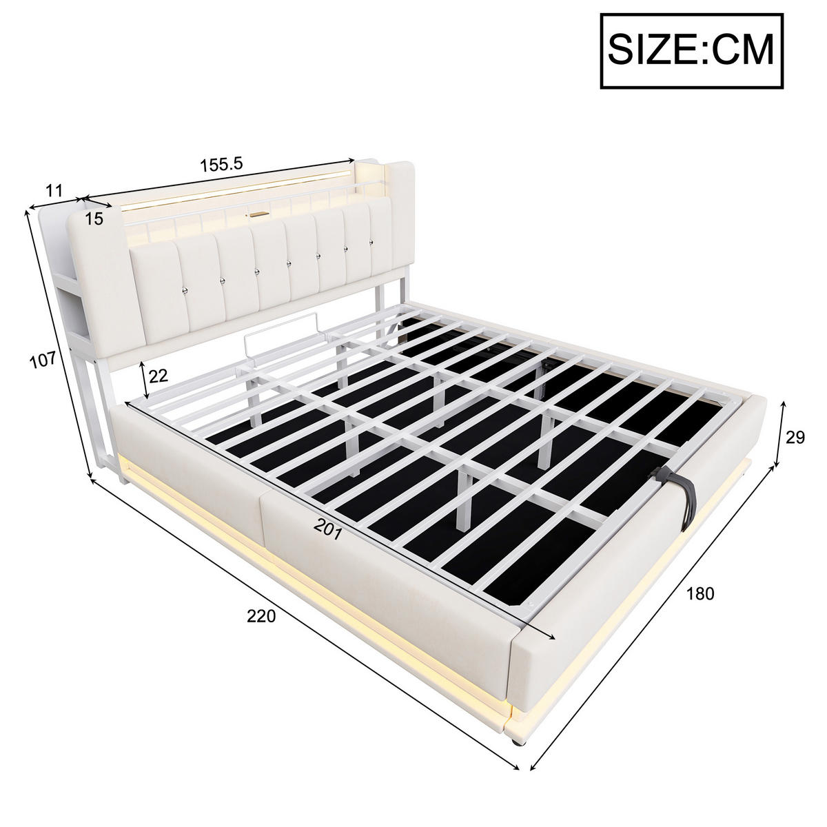ČALÚNENÁ posteľ z MDF, kovu a látky 180x200 cm béžová s LED osvetlením, USB a hydraulickým úložným priestorom - béžová, textil (180/200cm) - Modfu