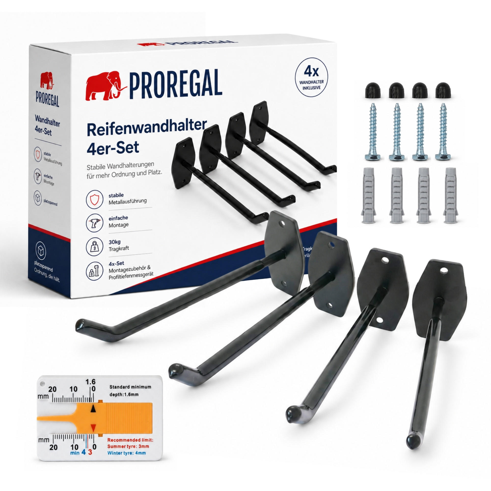 REIFENHALTER Wandhalterung PREX 4er Reifen Set HxBxT 9x5x25 cm Traglast 30 kg Schwarz Set für Garage Zum Anschrauben mit hoher Qualität - Schwarz, Metall (25/5/9cm) - PROREGAL
