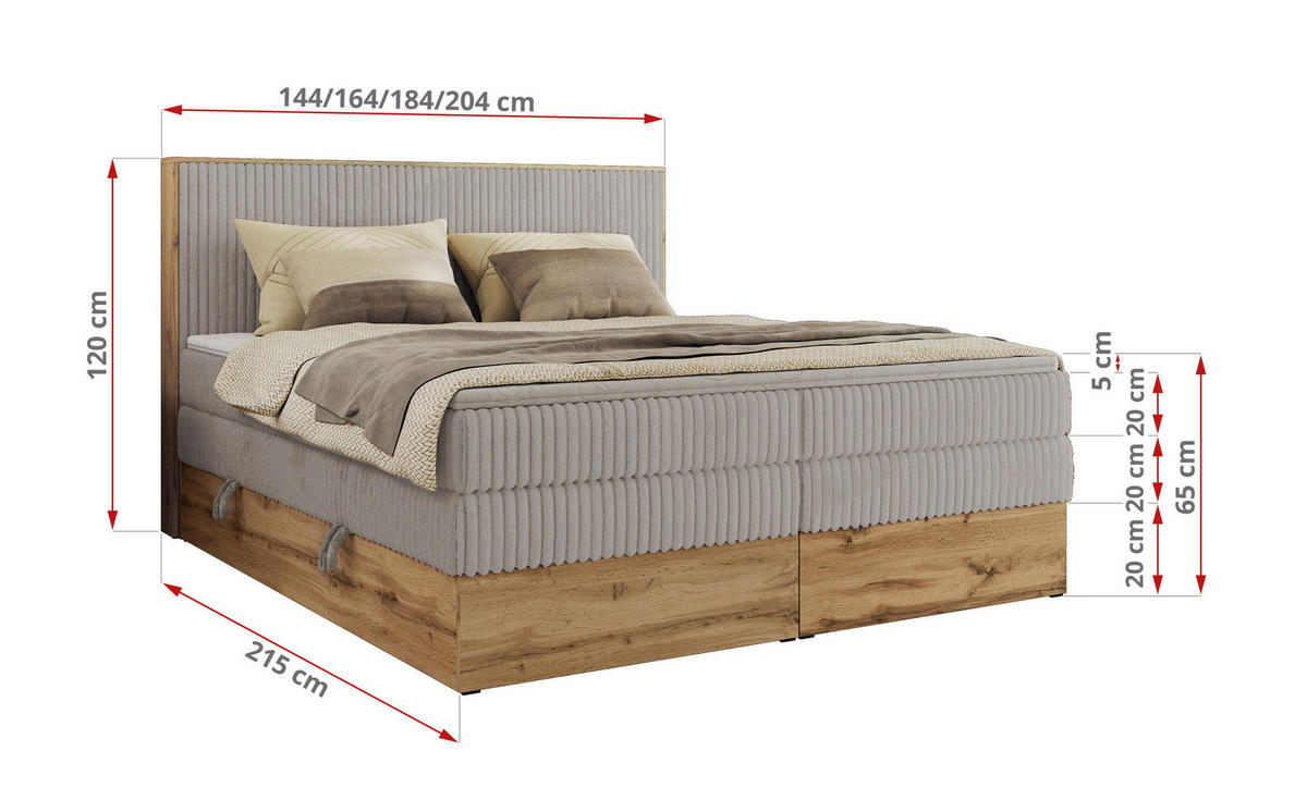 BOXBETT WOOD CLASSIC KING 160/200 - Hellgrau Cord - H3 - Hellgrau, Textil (160/200cm) - MKS