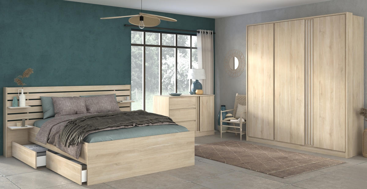 JUGENDZIMMER 3-teilig, Eiche japanisch, Komplettset mit Bett 160 x 200, Kleiderschrank, Kommode - Eichefarben, Holzwerkstoff (185/203/217cm) - Parisot Meuble