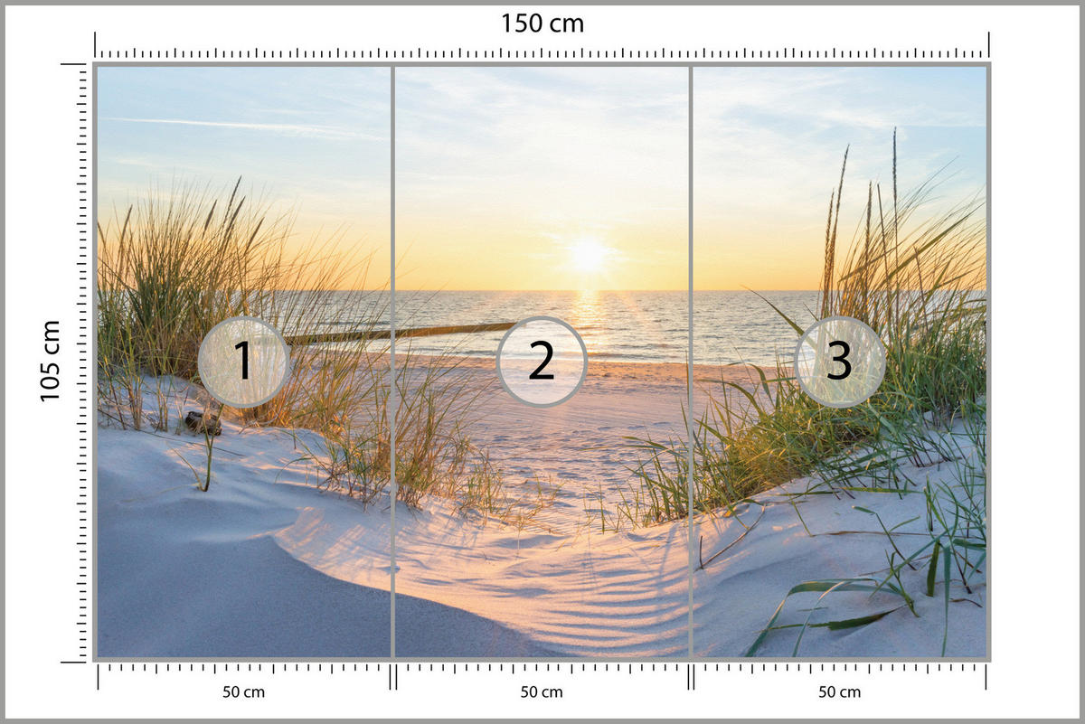 FOTOTAPETE Strand Meer Sonnenuntergang Landschaft 3D 150x105 - Blau/Gelb, Papier (150/105cm) - Muralo