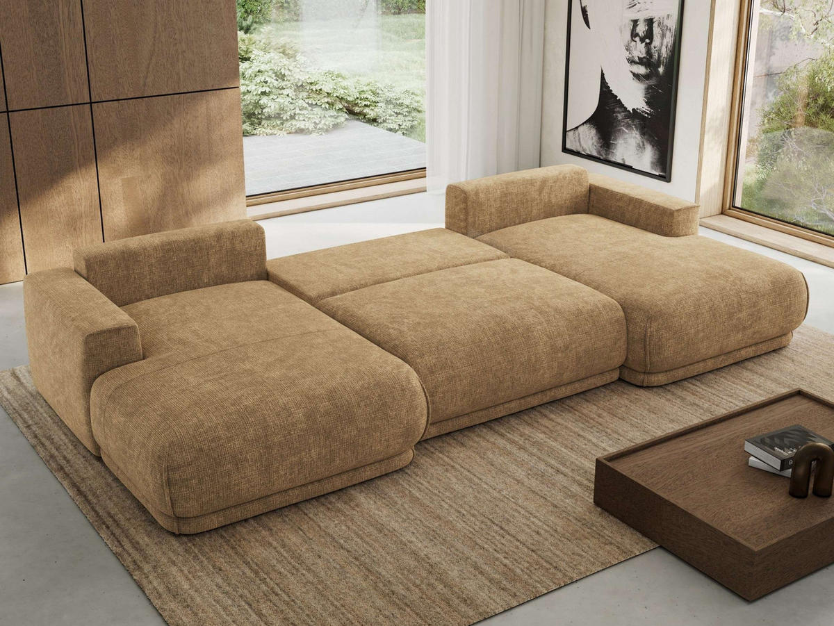 SEDACIA SÚPRAVA RINA U Svetlohnedá Hrubo tkaná ženilka - svetlohnedá/čierna, textil/plast (360/85/170cm) - MKS