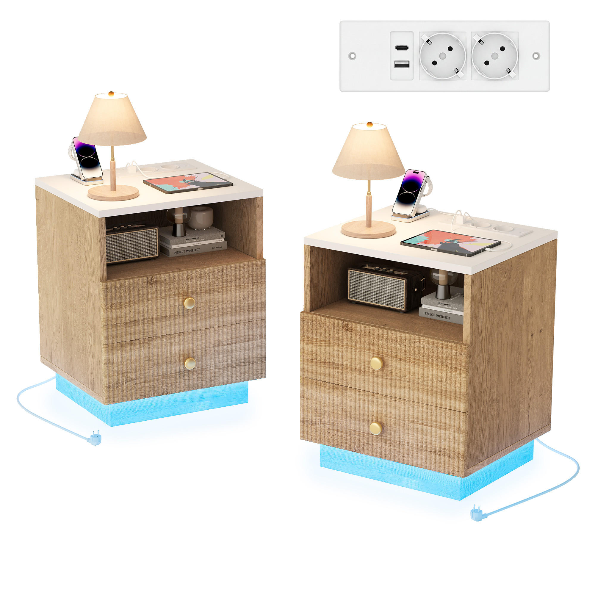 NACHTSCHRANK 2er Set, 44/38/55 cm, mit 2 Schubladen & LED-Beleuchtung, in Naturholzfarbe, mit Steckdose, USB & Type-C, Nachttisch für Schlafzimmer - Goldfarben/Naturfarben, Holz/Metall (38/55/44cm) - BPKADHY