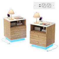 NACHTSCHRANK 2er Set, 44/38/55 cm, mit 2 Schubladen & LED-Beleuchtung, in Naturholzfarbe, mit Steckdose, USB & Type-C, Nachttisch für Schlafzimmer - Goldfarben/Naturfarben, Holz/Metall (38/55/44cm) - BPKADHY