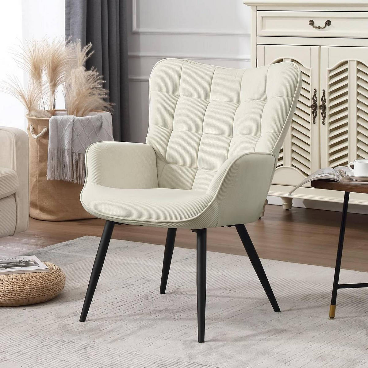 RELAXSESSEL mit Cordbezug , Metallbeine, Cremeweiß - Creme/Schwarz, Textil/Metall (63.5/87/68cm) - Woltu