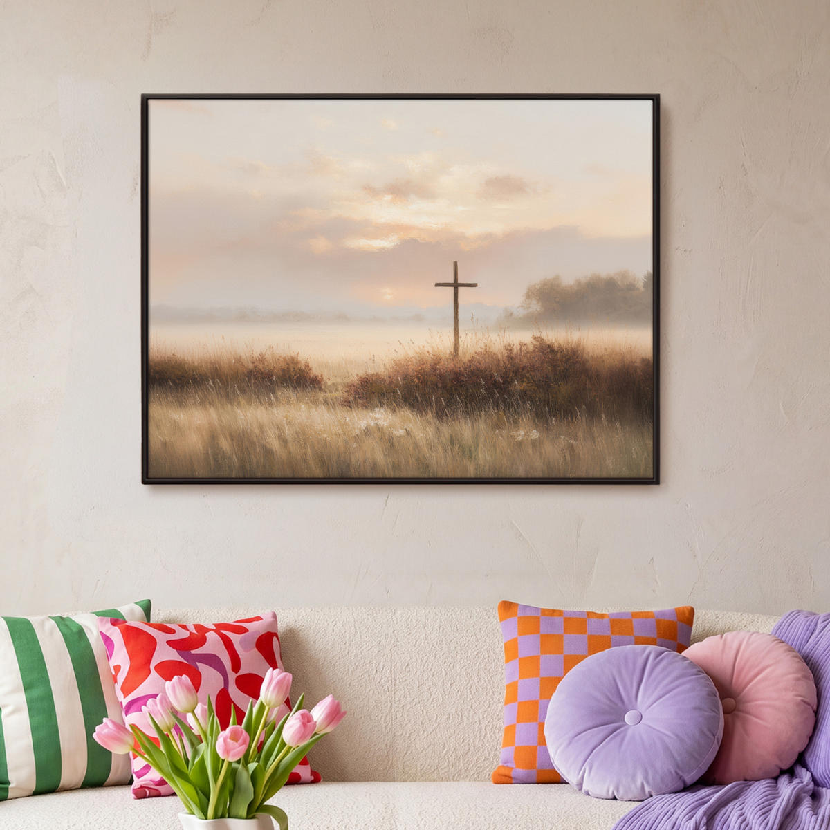 LEINWAND Bilder mit Rahmen - Gras - Morgennebel - Kreuz - Christentum - 100x70 - Beige, Textil (100/70cm) - MuchoWow