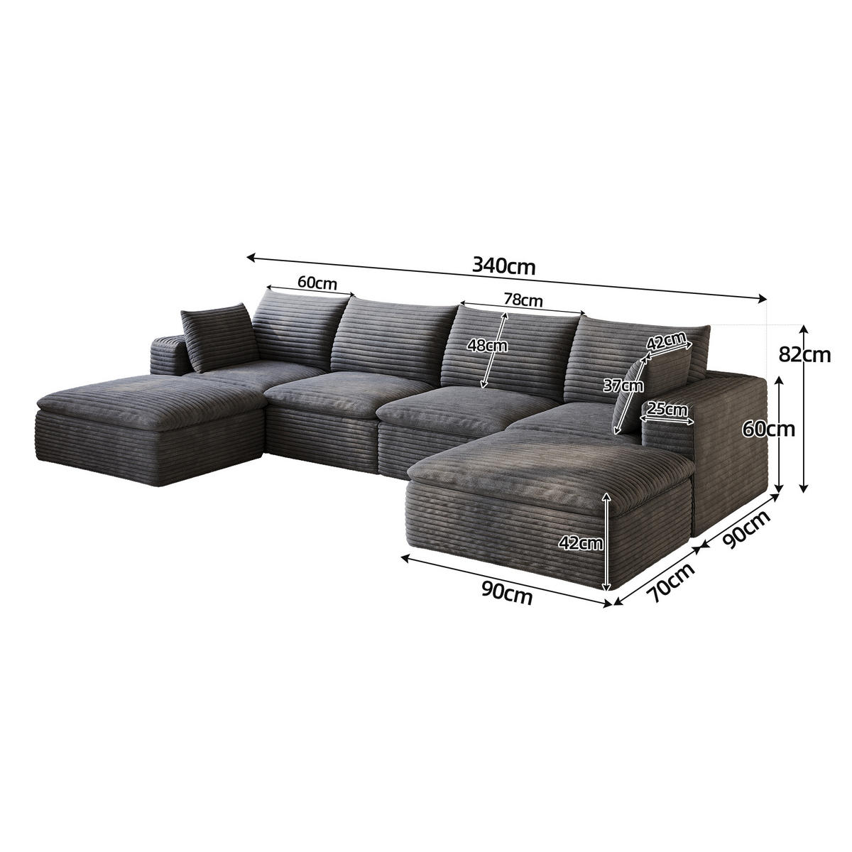 WOHNLANDSCHAFT DE-34773 4-Sitzer mit abnehmbare Polsterung Dunkelgrau - Dunkelgrau, Textil (160/60/340cm) - ComfortXL
