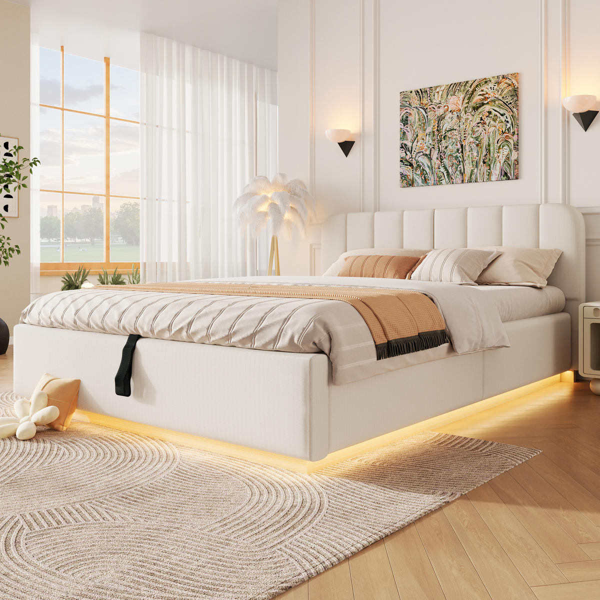 POLSTERBETT 140x200cm Lattenrost Hydraulik LED Chenille Beige - Beige, Holzwerkstoff (140/200cm) - FLIEKS