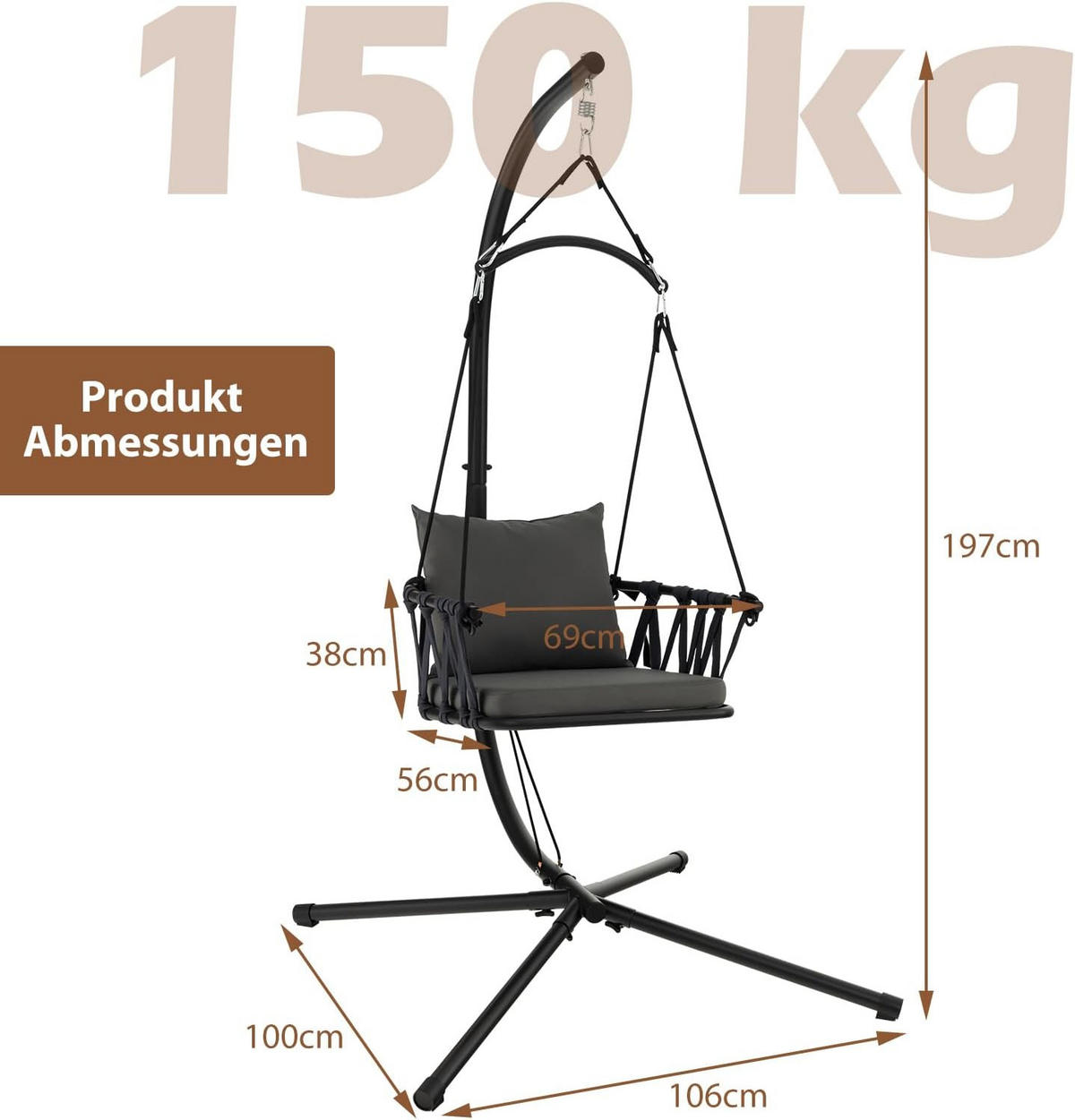 HÄNGFÅTÖLJ grå - Grå, Metall (106/251/100cm) - COSTWAY