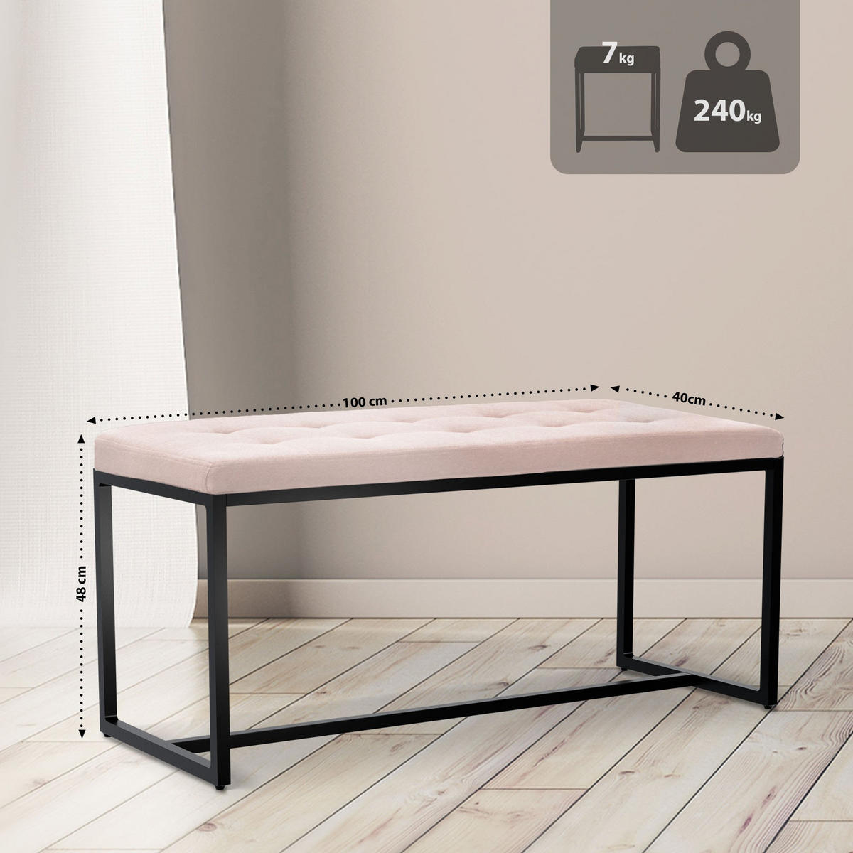 SITZBANK 100/40 cm Stoff creme - Creme/Schwarz, Textil/Metall (100/48/40cm) - CLP