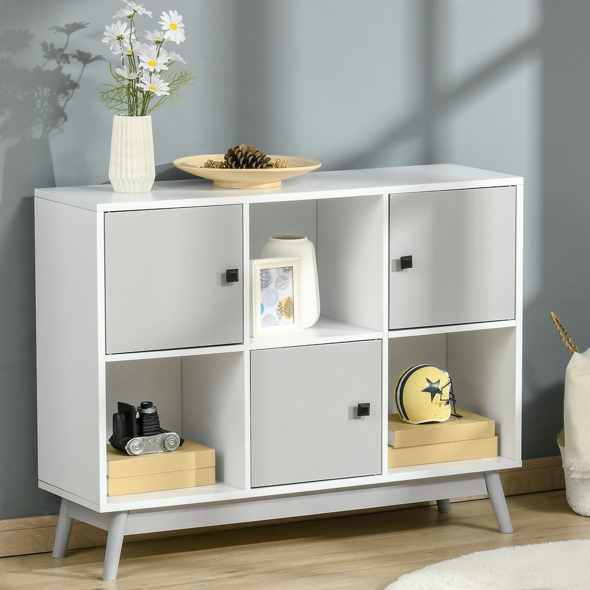 SIDEBOARD Weiß-Grau, 3 Türen, 3 offene Fächer, 96/30/75 cm - Grau, Holz (96/75/30cm) - PANGIVO
