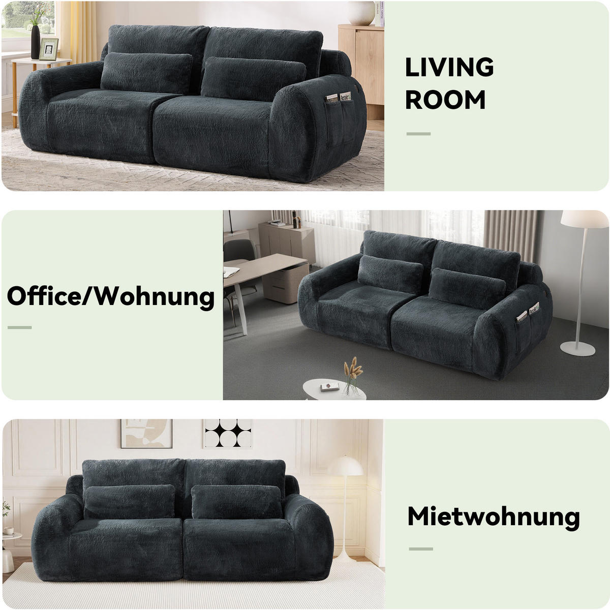 2-SITZER SOFA Kaninchenstil-Kunstfell Grau mit USB und Magazintasche - Grau, Textil (208/81/101cm) - WISHDOR