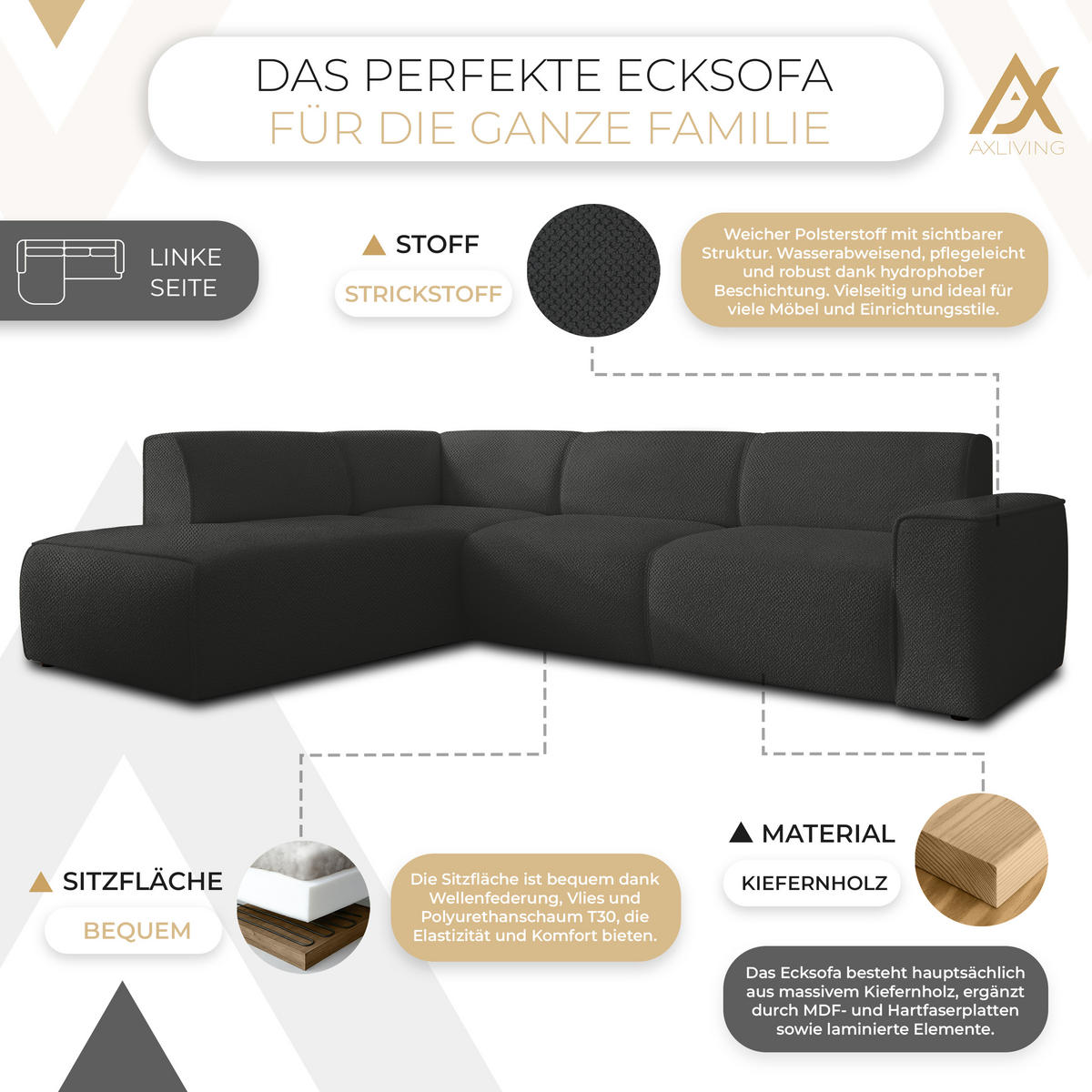 ECKSOFA L Form Didim Grau 292/220/78 cm – großes Sofa stilvoll & bequem L - Schwarz/Grau, Kunststoff/Textil (220/292cm) - AX Living