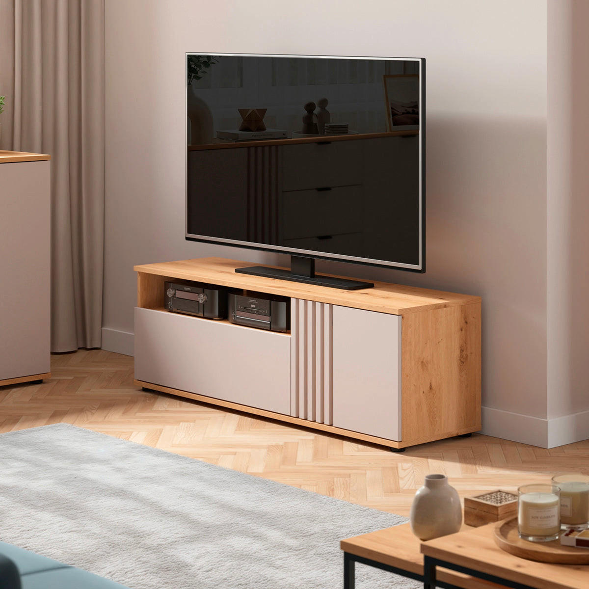 TV STOLÍK Ezra Kašmír a drevo - béžová, kompozitné drevo (135.5/46.5/40cm) - Petits-meubles