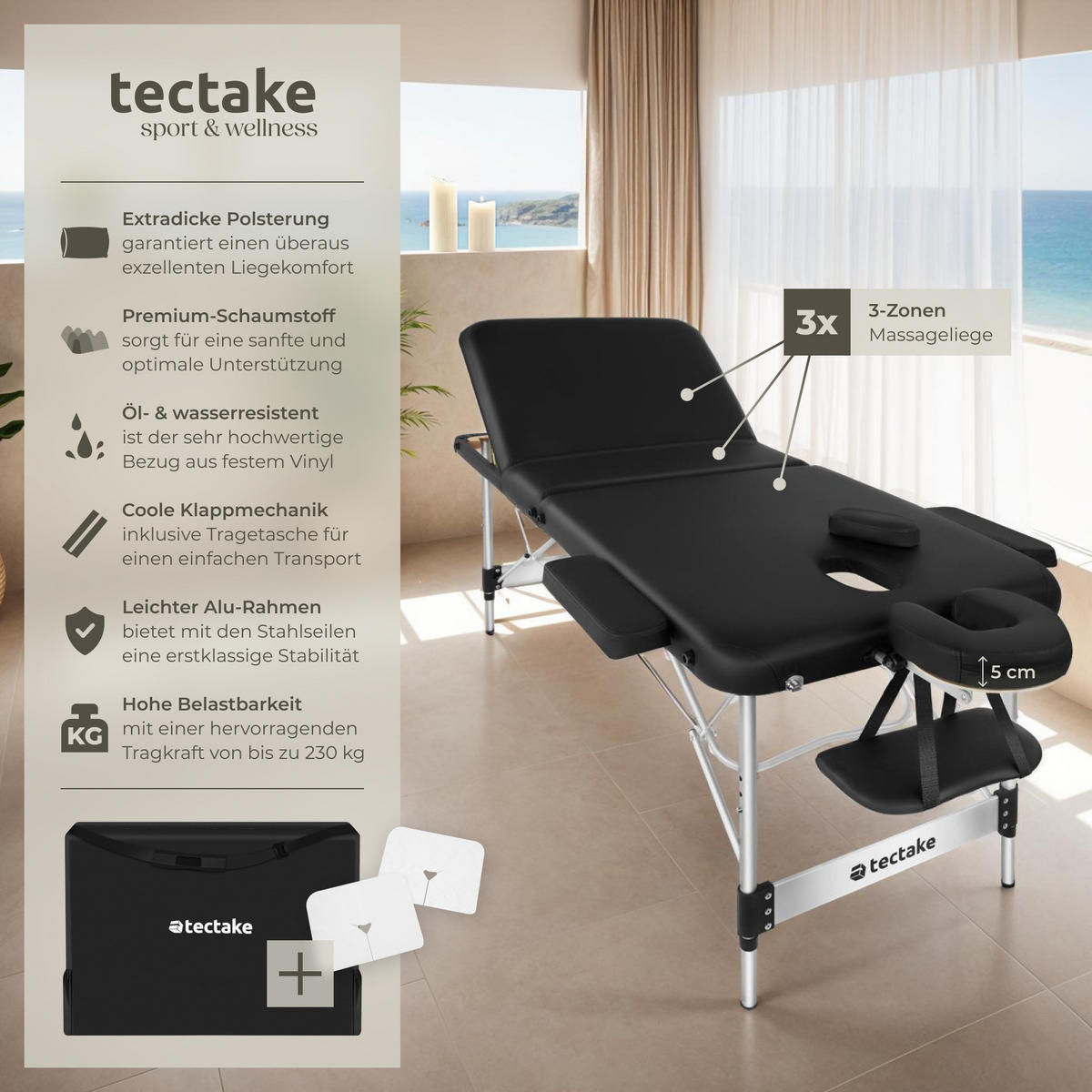 MASSAGELIEGE 3 Zonen Ko Tao,212 x 108 x 90 cm,schwarz - Schwarz, Metall (108/90/212cm) - tectake