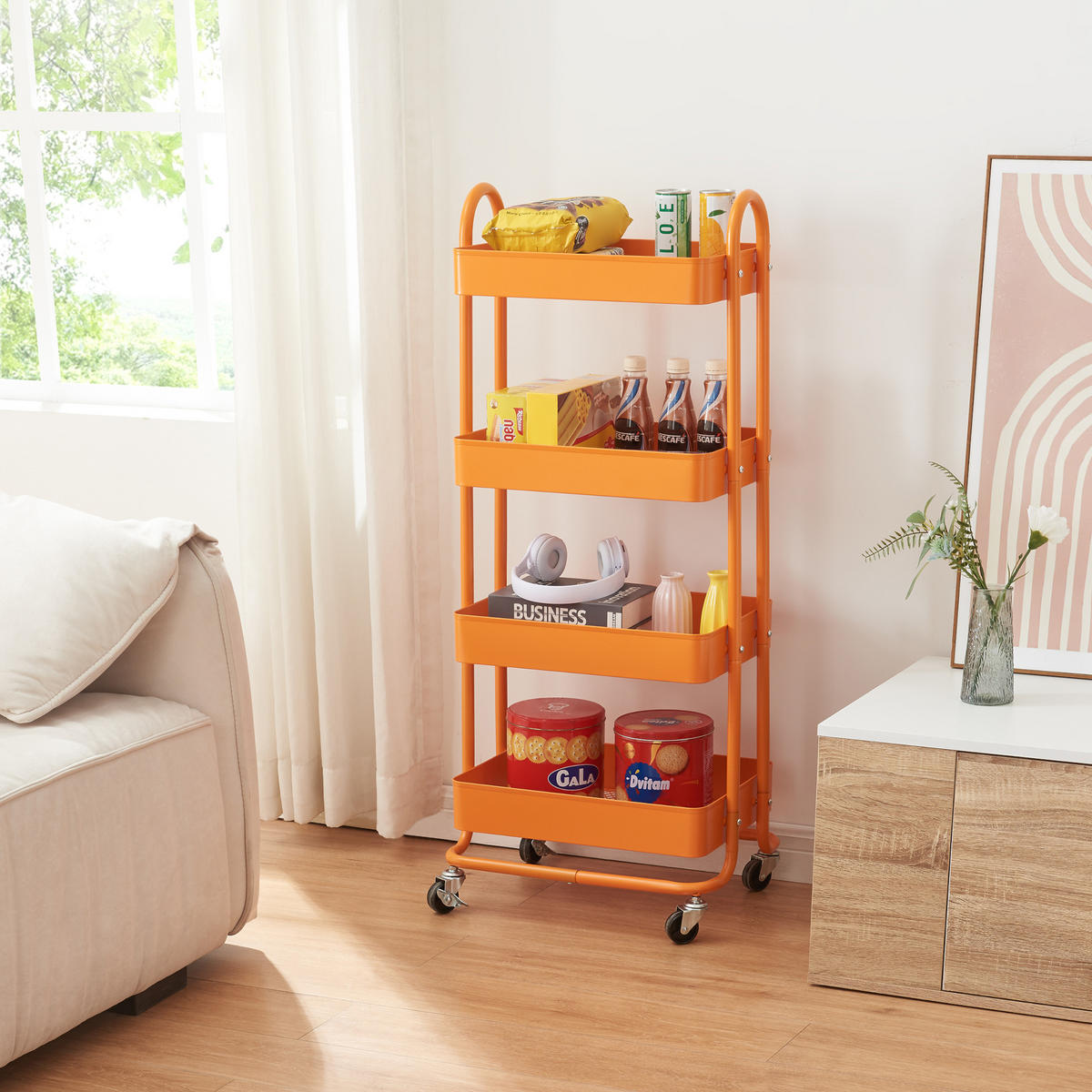 SERVIROVACÍ VOZÍK Pyhäntä - pomerančová, kov (46/103.5/35cm) - [en.casa]