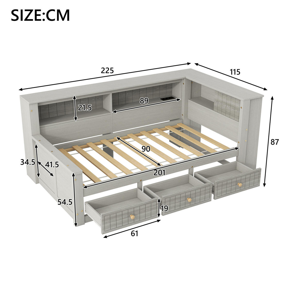 KREVET 90/200 cm s LED uzglavljem, policama i 3 ladice, Siva - siva, drvni materijal (90/200cm) - Redom
