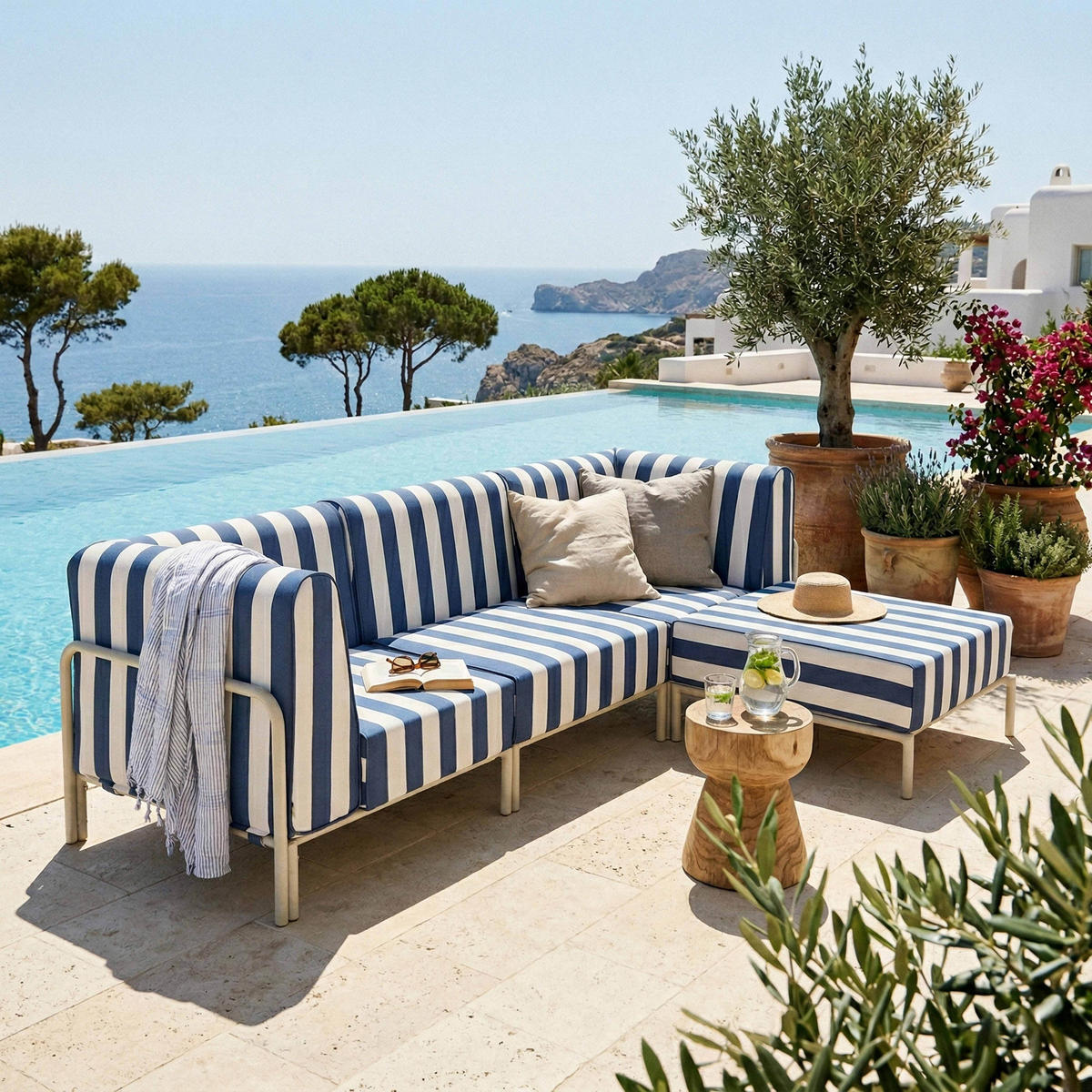 GARTENSOFA mit 4 Sitzplätzen, Blau - Blau, Textil - Oviala