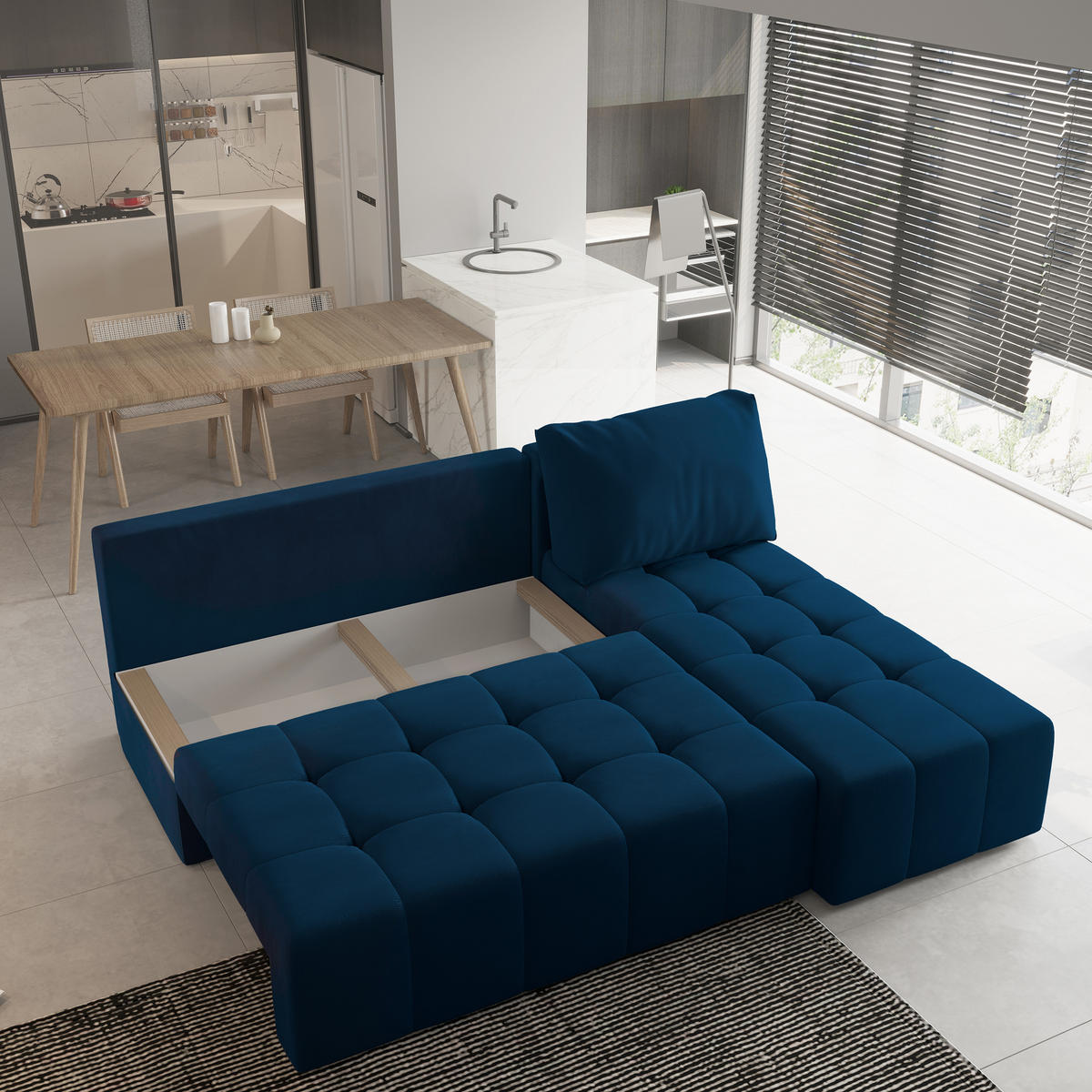 ECKSOFA DOMIRA Blau Plüsch-Stoff mit Schlaffunktion - Blau, Holz (200/141cm) - MASSENO