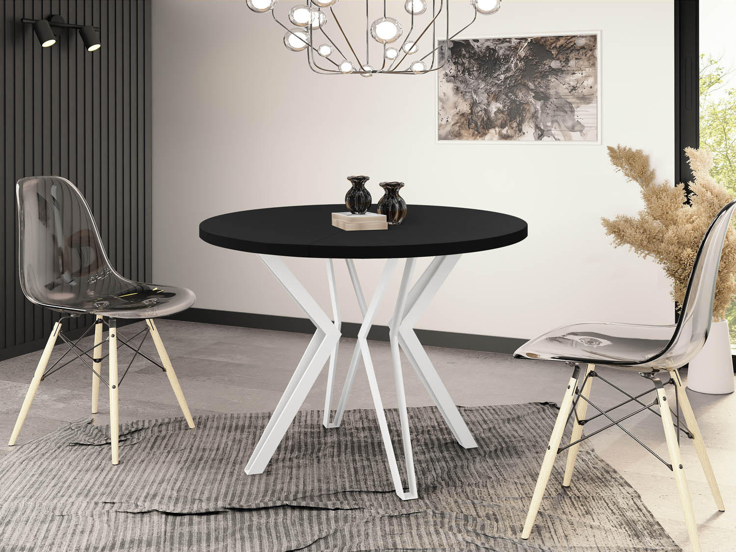 ESSTISCH Austin runder ausziehbarer, Schwarz 100-180/100/76 cm - Schwarz/Weiß, Holzwerkstoff/Metall (100/100/76cm) - WFL GROUP