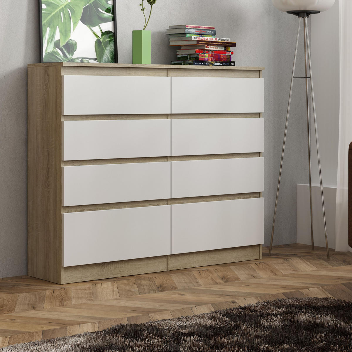 KOMMODE ADRIANO 120/100/33 cm mit 8 Schubladen Sonoma Eiche - Weiß/Sonoma Eiche, Holzwerkstoff (120/100/33cm) - MASSENO