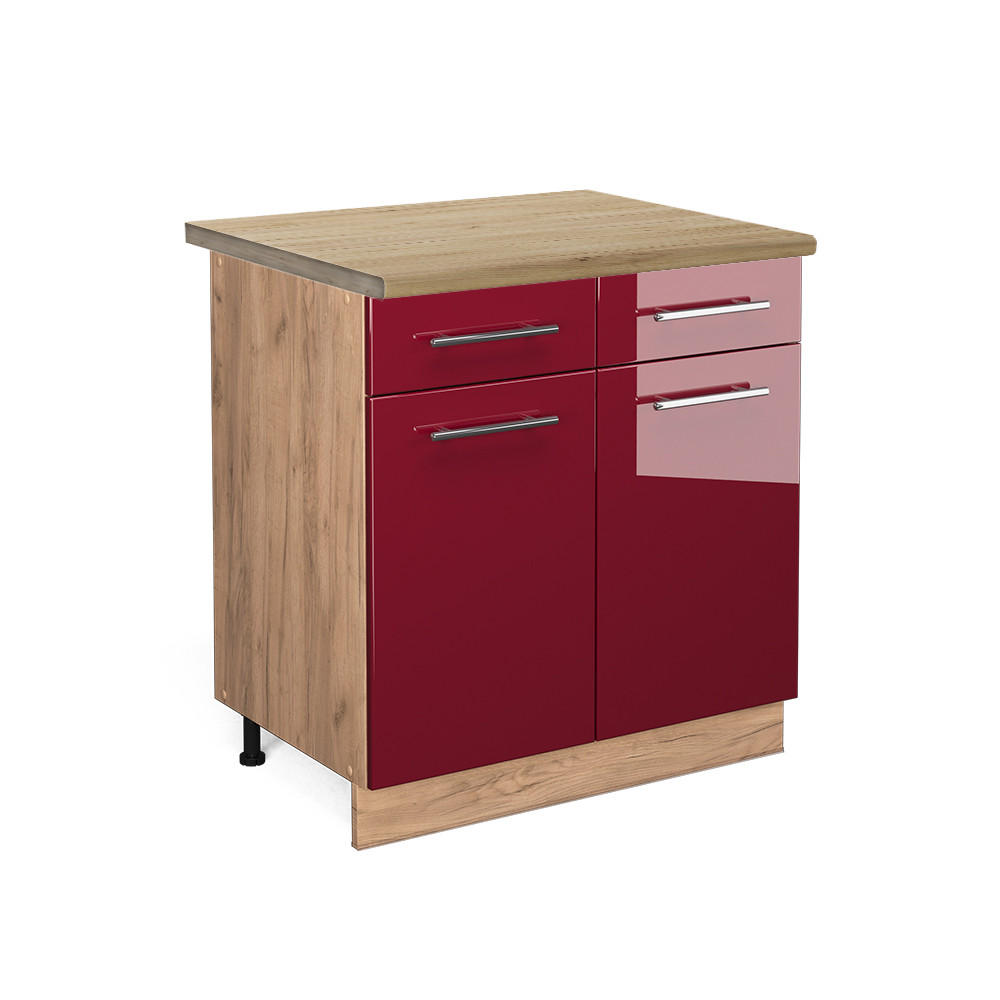 KÜCHENUNTERSCHRANK Fame-Line Bordeaux Hochglanz 80 cm, AP Eiche - Bordeaux/Eiche Wotan, Holzwerkstoff (80/82/60cm) - Vicco