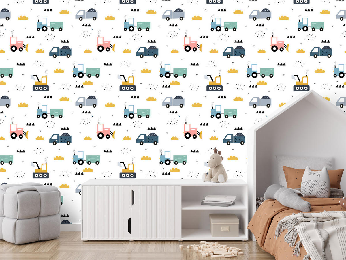 VLIESTAPETE Traktoren und Baufahrzeuge – Bunt, Weiß – 50x1000 cm - Multicolor/Weiß, Papier (50/1000cm) - Muralo
