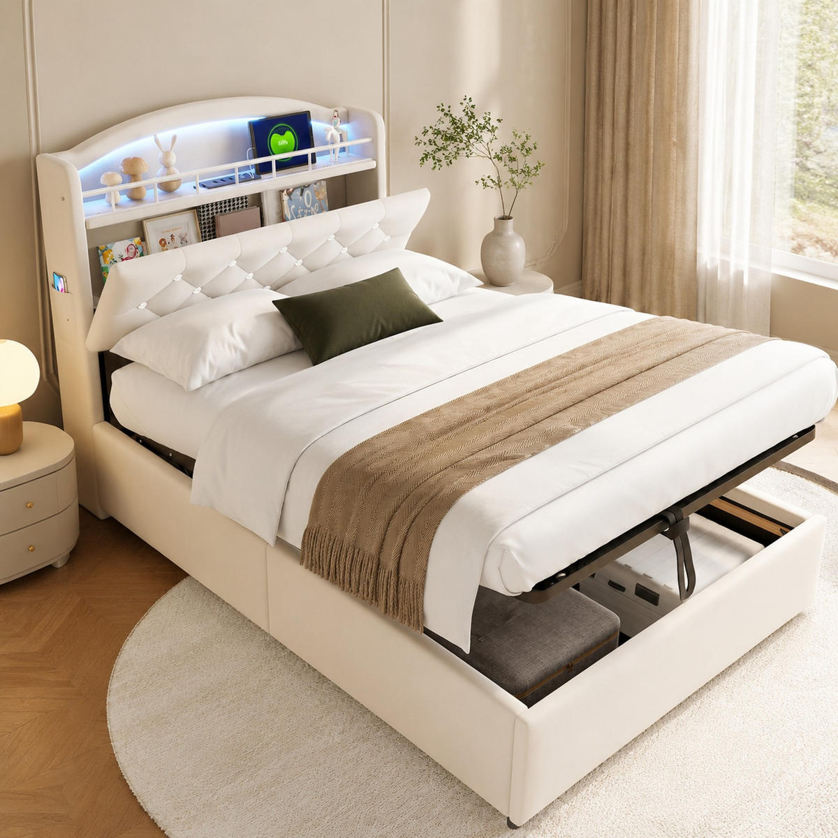 POLSTERBETT 90/200 mit Bettkasten, LED und USB in Beige - Beige, Holzwerkstoff/Textil (90/200cm) - EVRYAE