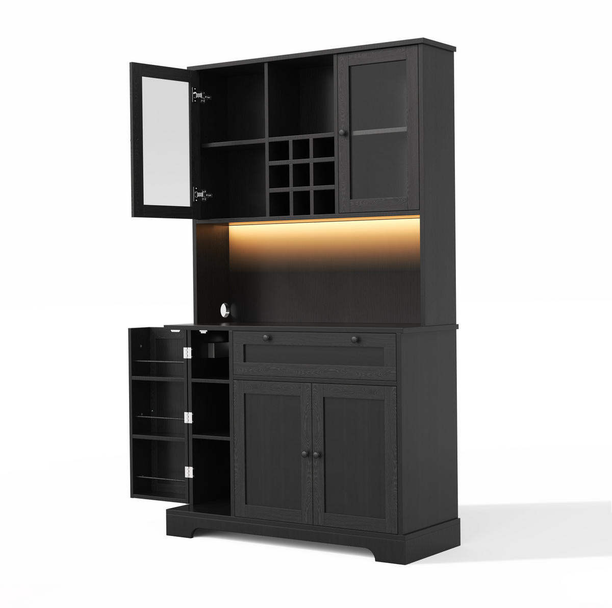 BUFFETSCHRANK aus MDF 105x40x180 cm Schwarz mit LED-Beleuchtung, Steckdosenleiste und Weinregal - Schwarz, Holzwerkstoff (105/180/40cm) - IVMEU