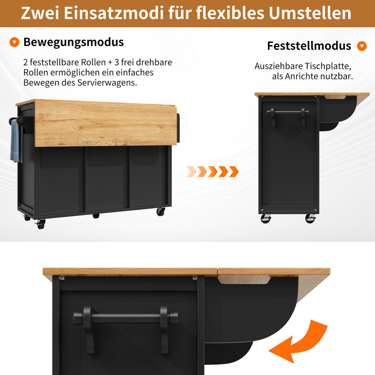 KÜCHENINSEL 137,9/73/92,2 cm in Schwarz mit Klapptisch und Rollen - Schwarz, Holzwerkstoff (137.9/92/73cm) - Flora Grace