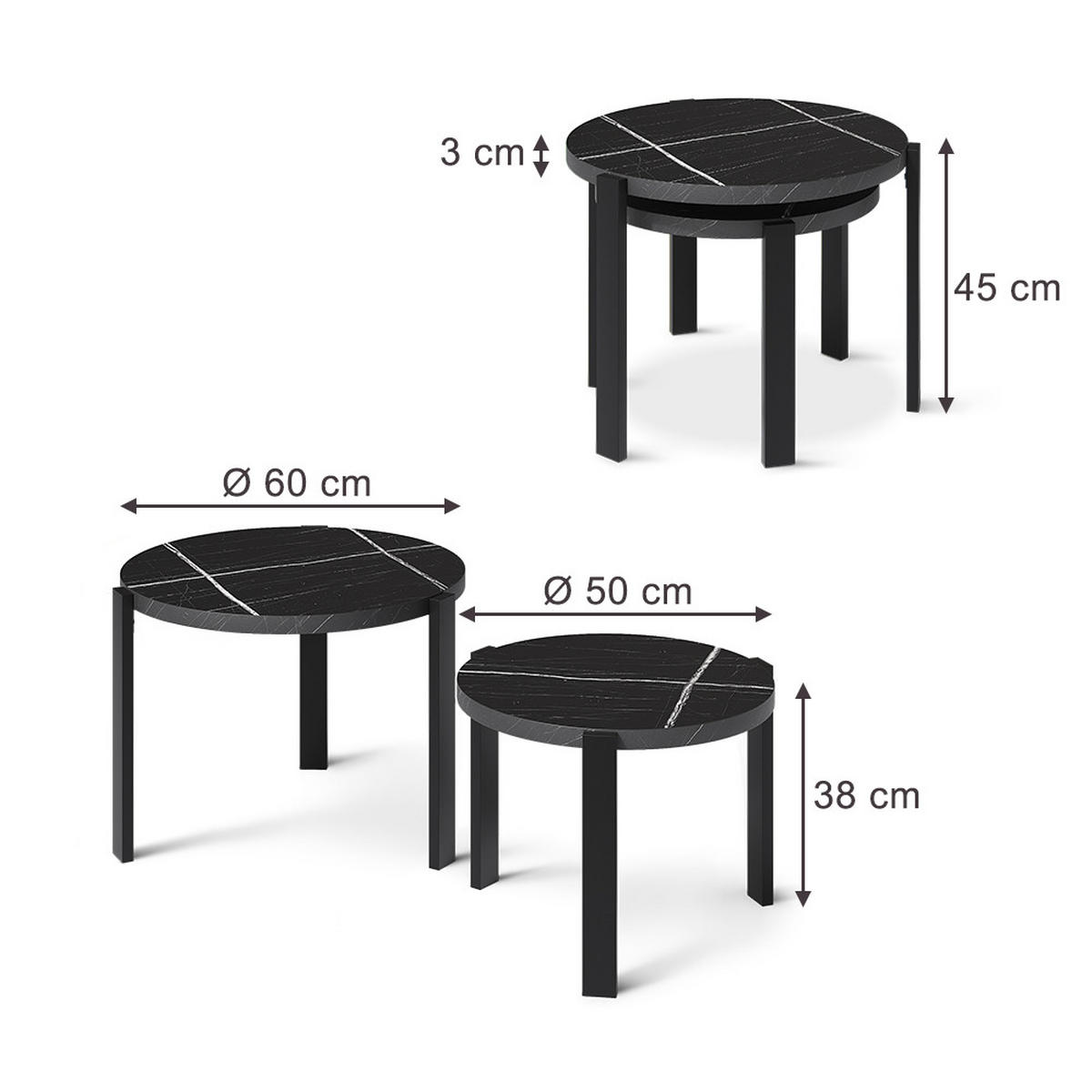 SET MASUTA DE CAFEA Norin, Marmură neagră/Negru, 60 x 60 cm - negru cu luciu intens/negru, compozit lemnos (60/60/45cm) - Vicco