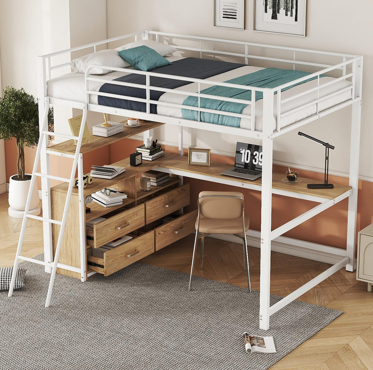 HOCHBETT 140/200 cm, Weiß mit L-förmigem Schreibtisch und 4 Schubladen - Weiß, Metall (140/200cm) - MIVRAY