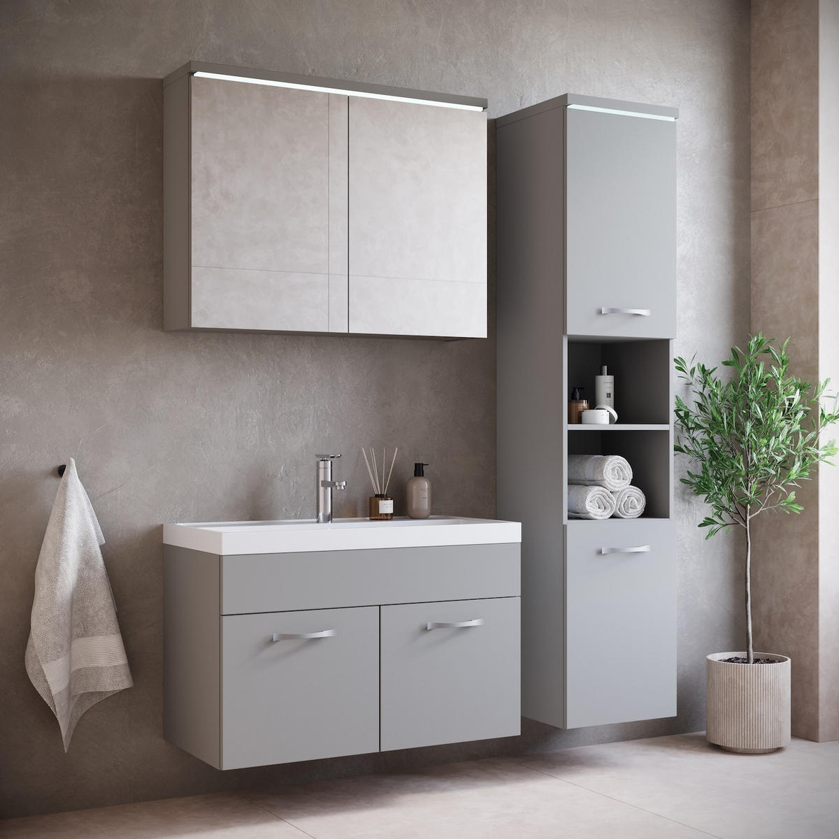 BADMÖBEL-SET Paso LED 4 Teile Grau Matt - 80 x 35 x 55 cm - Grau, Holz (80/55/40cm) - Badplaats