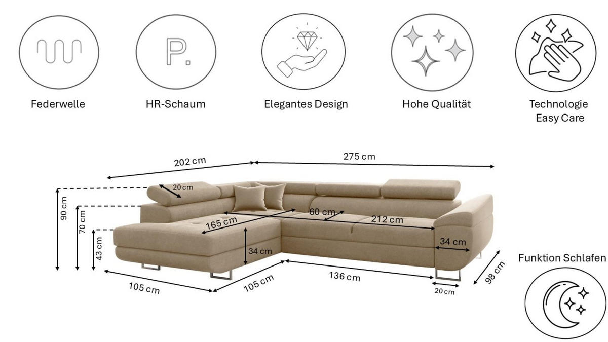 ECKSOFA FALIO L-Form Mit Schlaffunktion Im Modernen Stil Für Das Wohn Und Schlafzimmer Hellbeige Links - Creme, Holz/Textil (202/275cm) - Kaiser Möbel