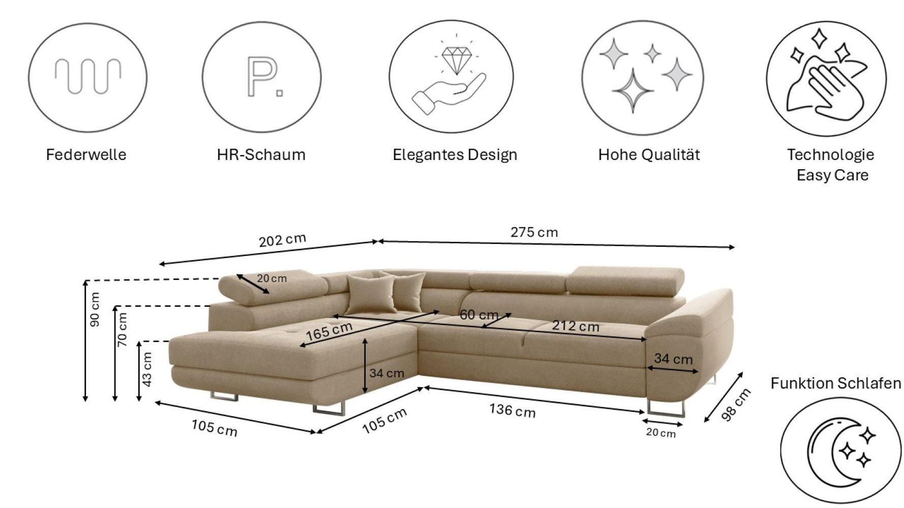 Thumbnail - Kaiser Möbel Ecksofa, Creme, Textil, 2 Schubladen, einzeln stellbar, L-Form,L-Form, 275x202 cm, Wohnzimmer, Sofas & Couc...