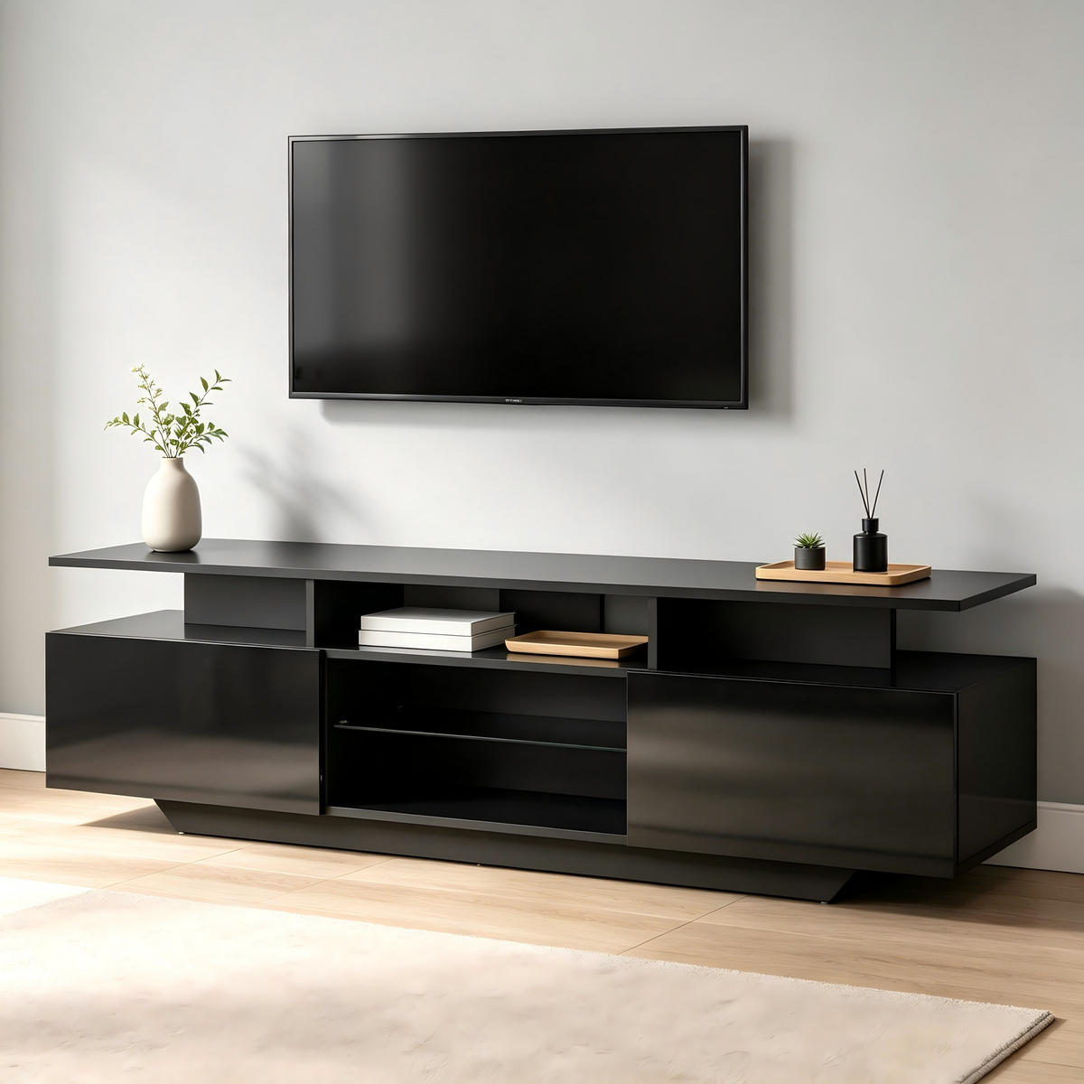 TV-ELEMENTFERNSEHSCHRANK Schwarz 160x40x45cm-TV-Board Hochglanz mit LED-App-Steuerung - Schwarz, Holz (50.5/14.99/76cm) - Raelunyi