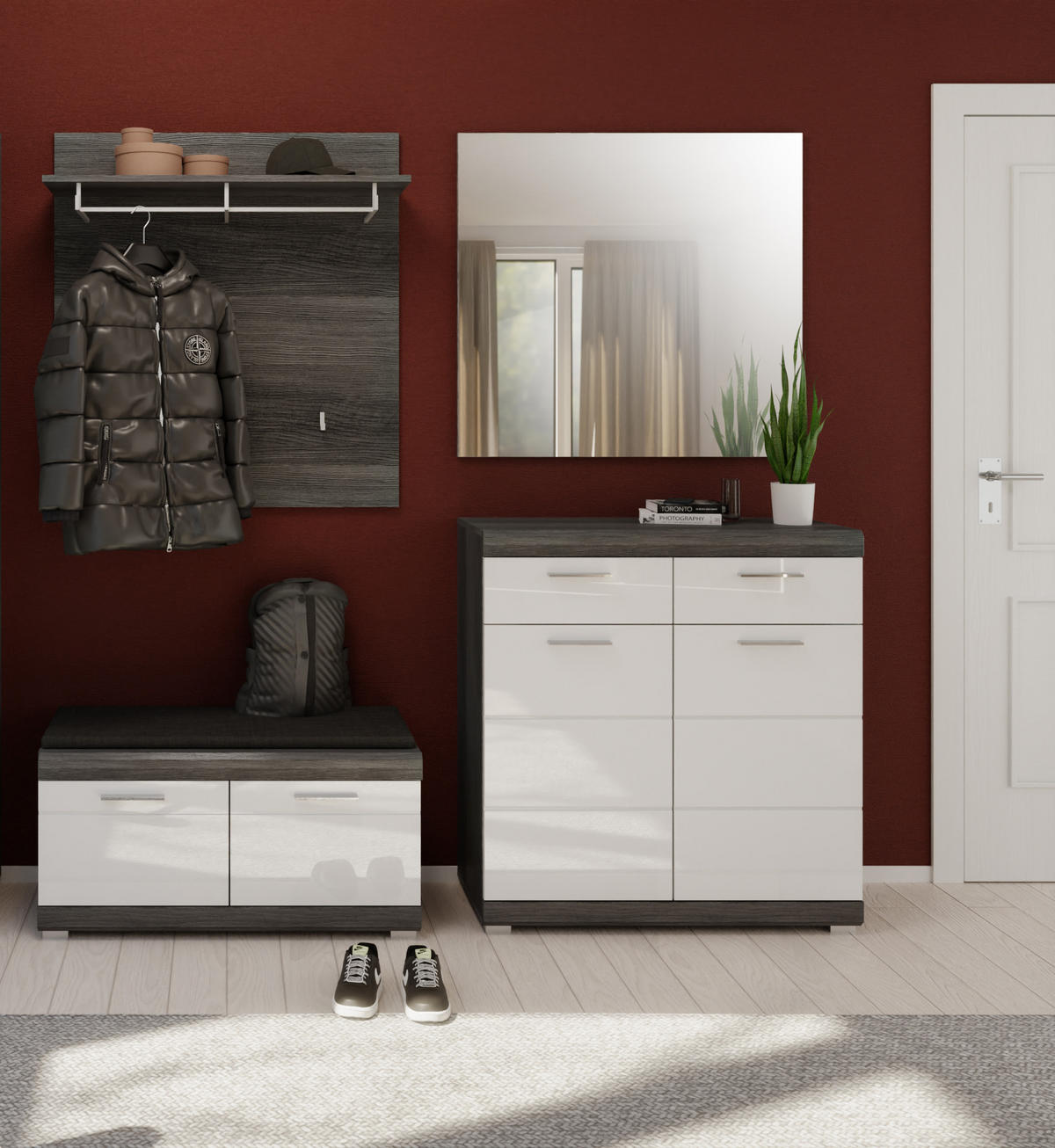 GARDEROBENKOMBINATION 4tlg. Scout Garderobe in Rauchsilber Nb. und weiß HG B/H/T: 195x197x40 cm - Anthrazit, Holzwerkstoff (195/197/40cm)