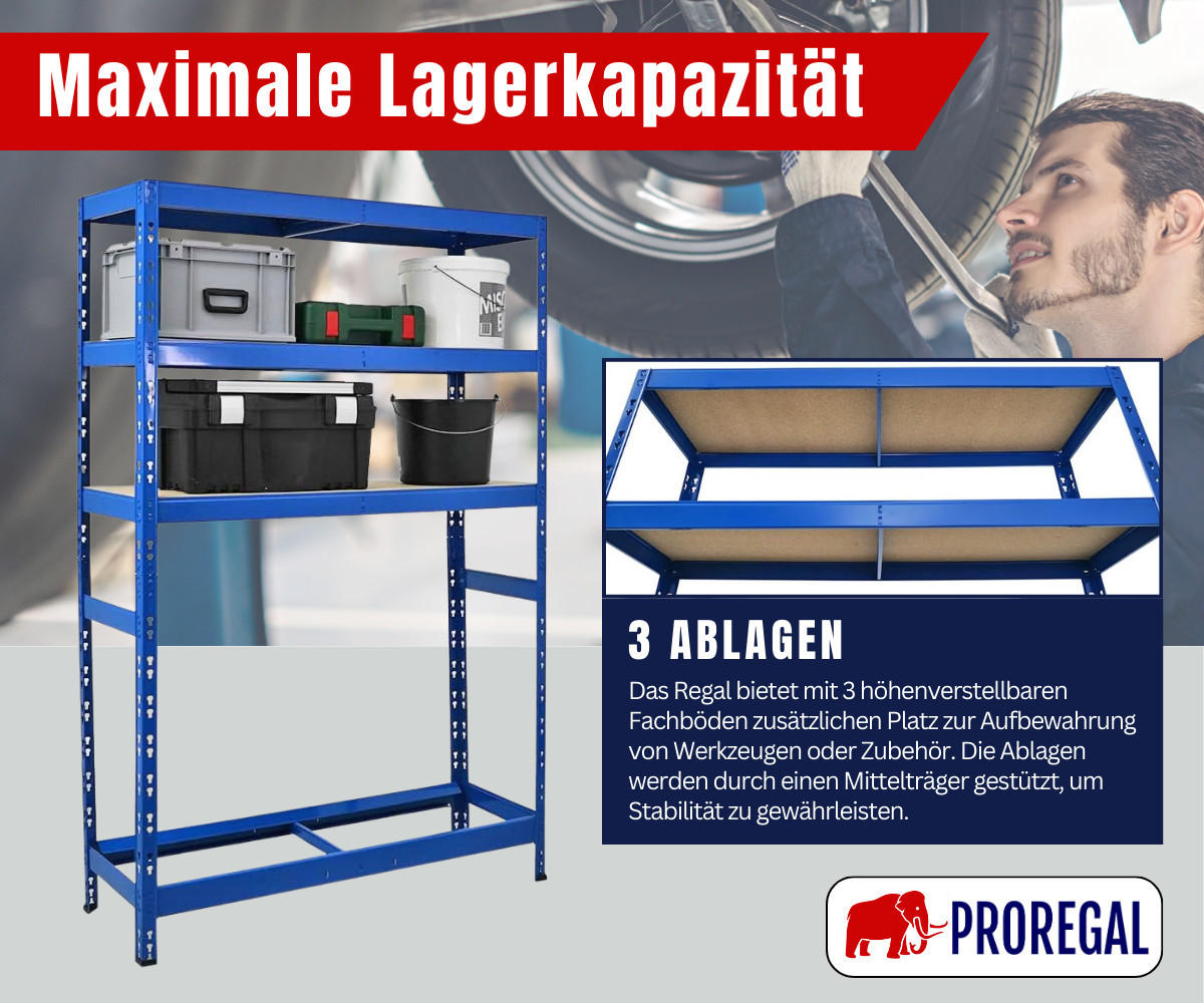 REIFENREGAL Tiger 180x120x40 cm bis zu 6 Reifen auf 1 Ebene + 3 Ablagen Blau - Blau, Metall (120/180/40cm) - PROREGAL