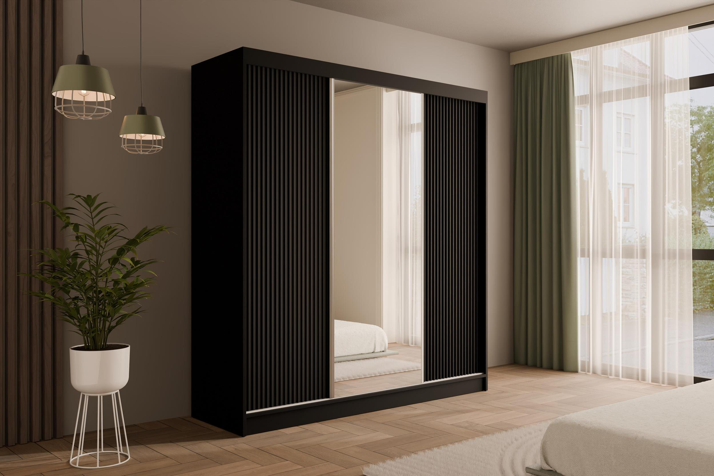 KLEIDERSCHRANK mit Spiegel V2-PRESTIG 215x200 cm - Schwarz - Schwarz, Holzwerkstoff (200/215/61cm) - ALTDECOR