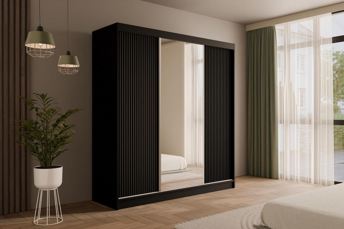 KLEIDERSCHRANK mit Spiegel V2-PRESTIG 215x200 cm - Schwarz - Schwarz, Holzwerkstoff (200/215/61cm) - ALTDECOR