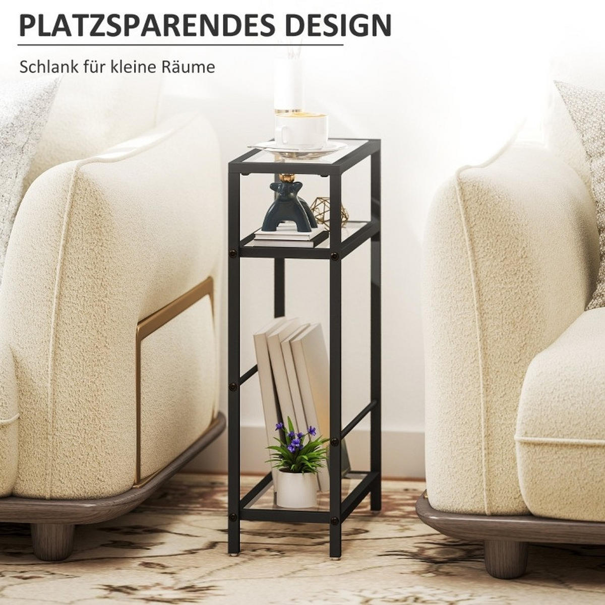 BEISTELLTISCH 18/40/62 cm mit 3 Glasablagen, platzsparendem Design und Stahlrahmen, Schwarz - Schwarz, Glas (40/18/62cm) - Redom