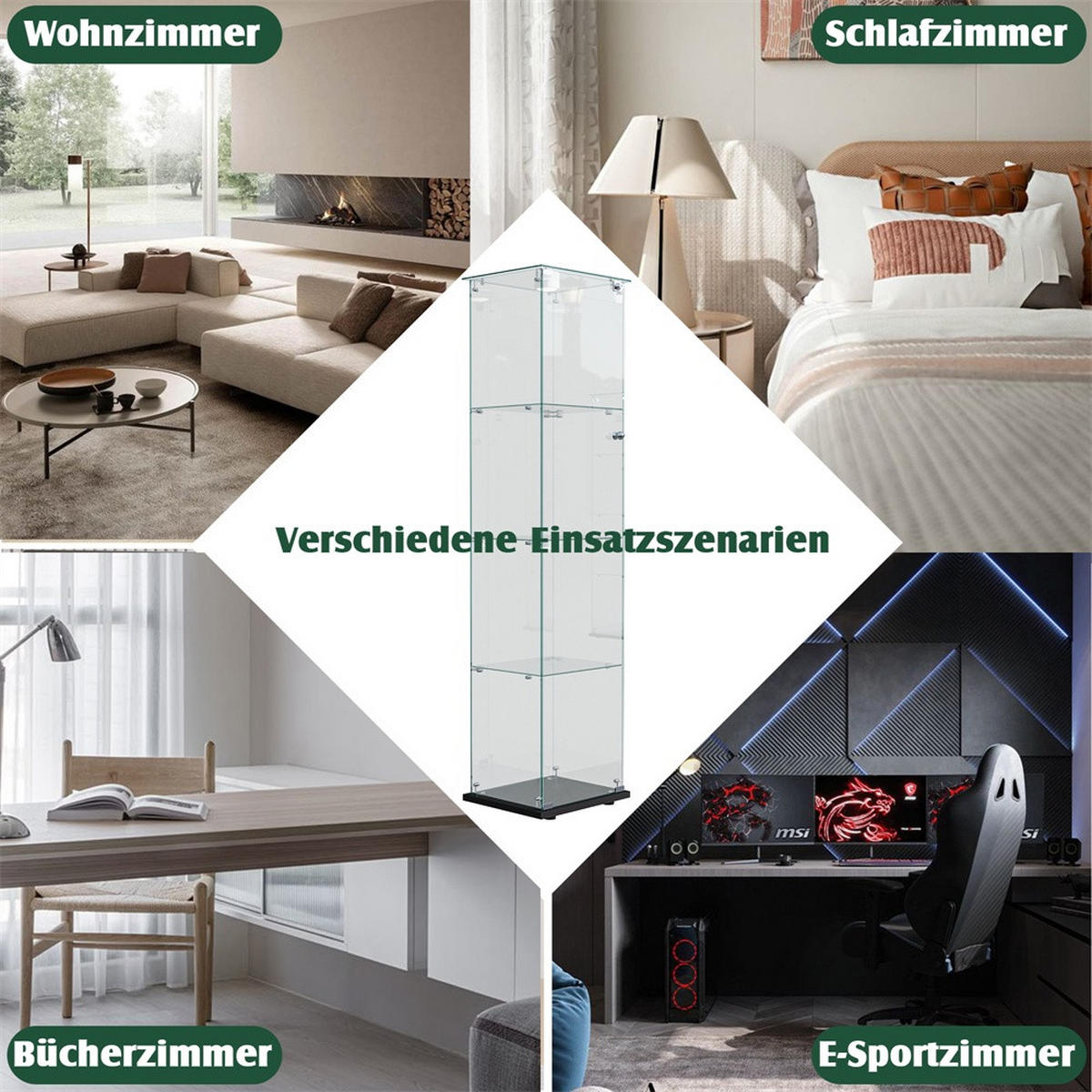 VITRINE - Glasvitrine mit 1 Tür und 4 Ebenen - integrierte LED-Spot-Beleuchtung - Schwarz - Schwarz, Glas (39.8/163/35cm) - DELFA