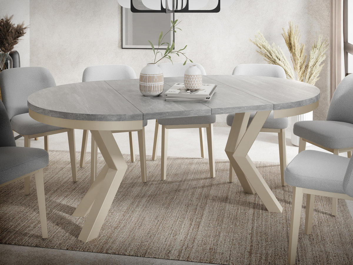 ESSTISCH Clara Beige Cashmere runder ausziehbarer, Grauer Beton 100-180/100/76 cm - Kaschmir/Hellgrau, Holzwerkstoff/Metall (100/100/76cm) - WFL GROUP