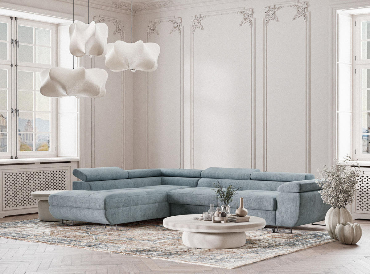 ECKSOFA Concord Hellblau Chenille-Stoff - Links Seite - Schwarz/Hellblau, Holz/Holzwerkstoff (203/277cm) - Maison de Reve