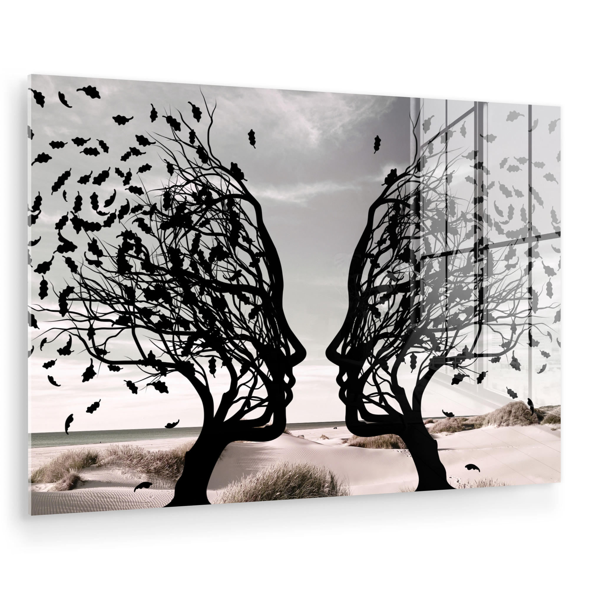 ACRYLGLASBILD Strand - Meer - Menschen - Baum - Moderne Kunst 120x80 cm - Hellgrau, Glas (120/80cm) - MuchoWow