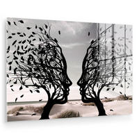 ACRYLGLASBILD Strand - Meer - Menschen - Baum - Moderne Kunst 120x80 cm - Hellgrau, Glas (120/80cm) - MuchoWow