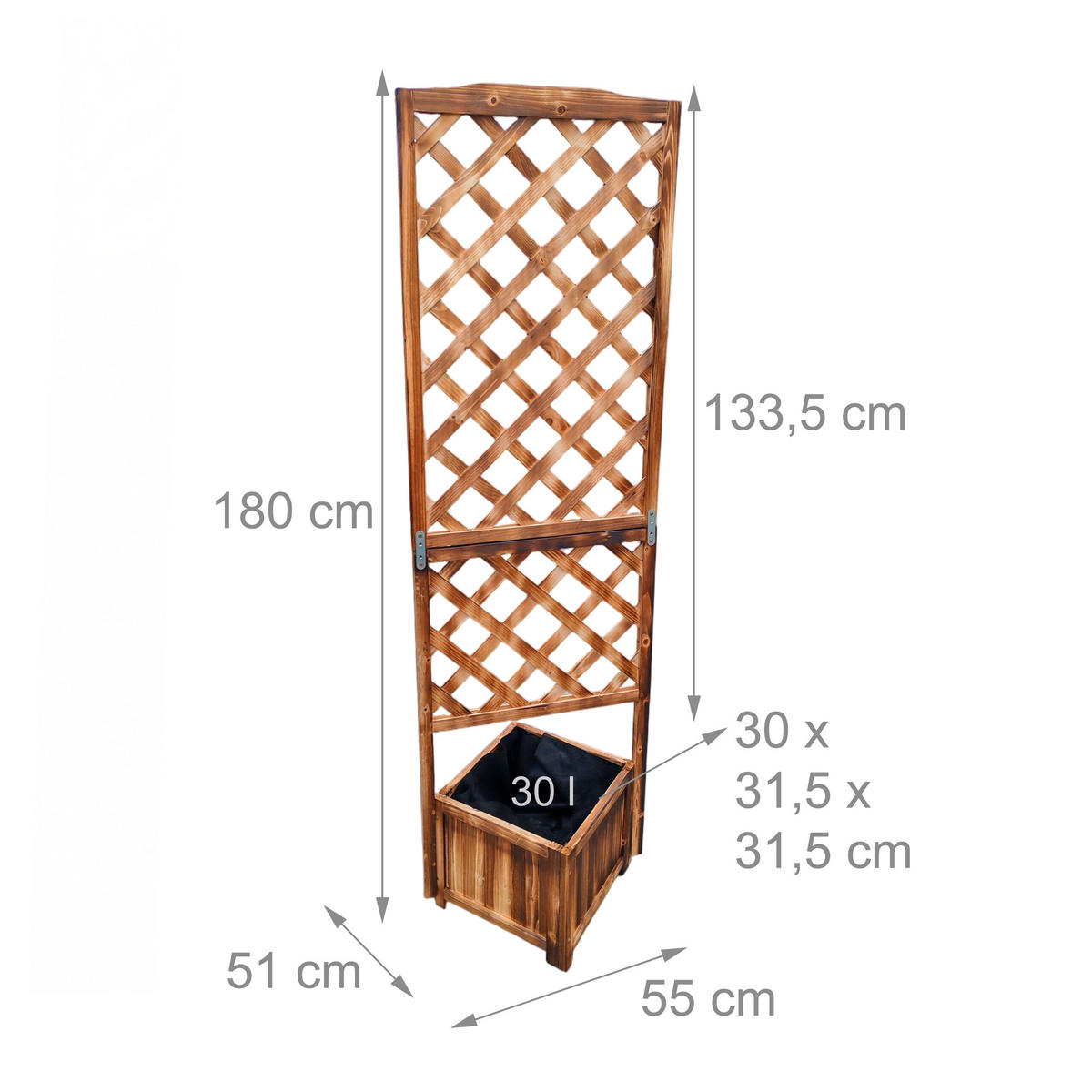 PFLANZKASTEN Geflammt Tannenholz mit Rankgitter 180 cm - Dunkelbraun, Holz/Textil (55/180/51cm) - Relaxdays